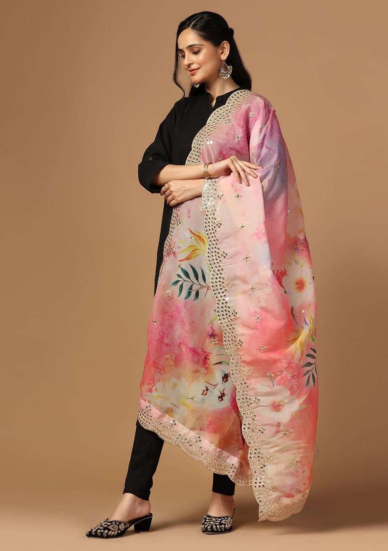Floral Printed Mirror Work Organza Dupatta - Indya