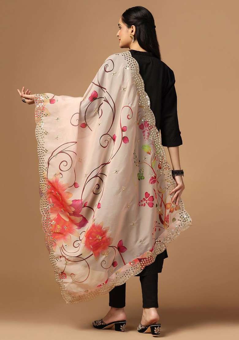 Floral Printed Mirror Work Organza Dupatta - Indya