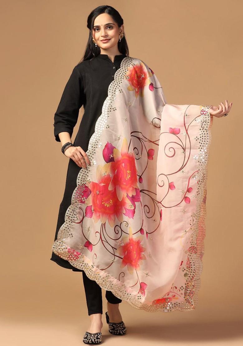 Floral Printed Mirror Work Organza Dupatta