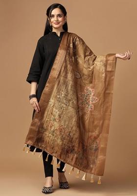 Floral Printed Zari Embroidered Chanderi Dupatta