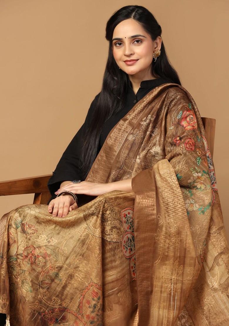 Floral Printed Zari Embroidered Chanderi Dupatta
