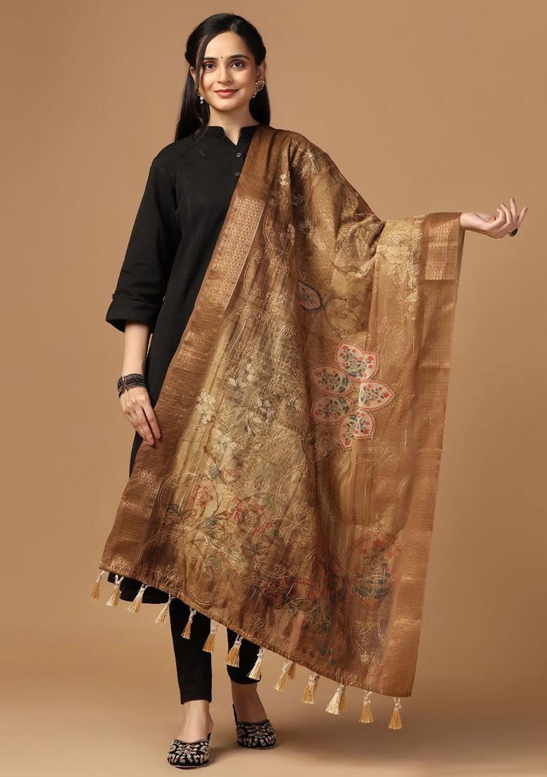Floral Printed Zari Embroidered Chanderi Dupatta