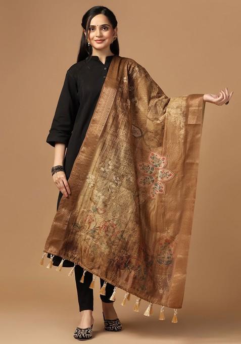 Floral Printed Zari Embroidered Chanderi Dupatta