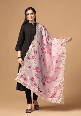 Floral Printed Sequin Embellished Organza Dupatta