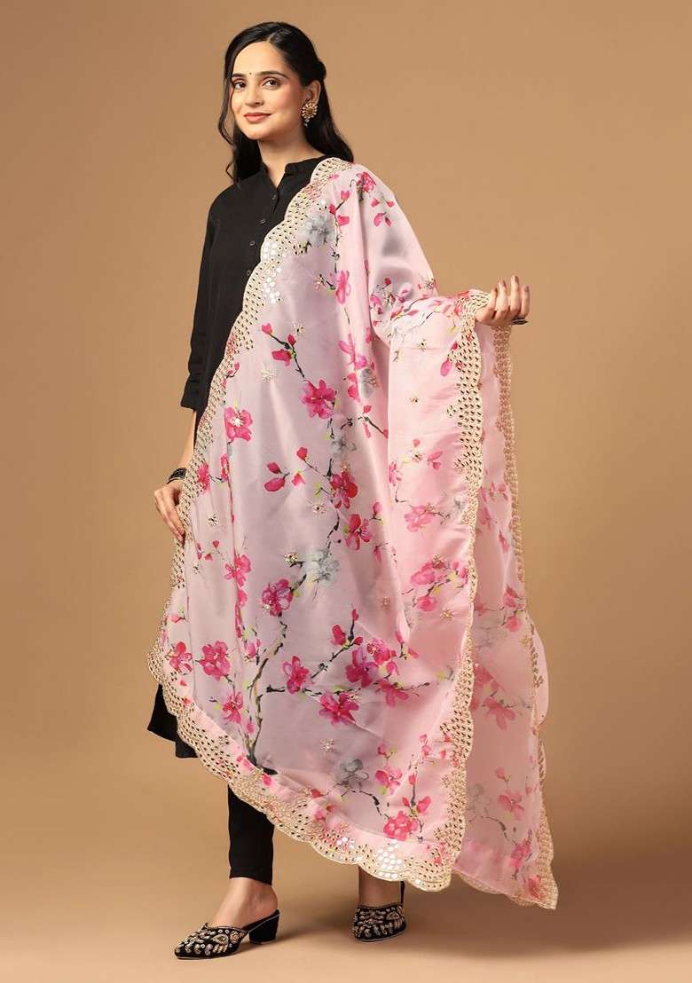 Floral Printed Sequin Embellished Organza Dupatta - Indya