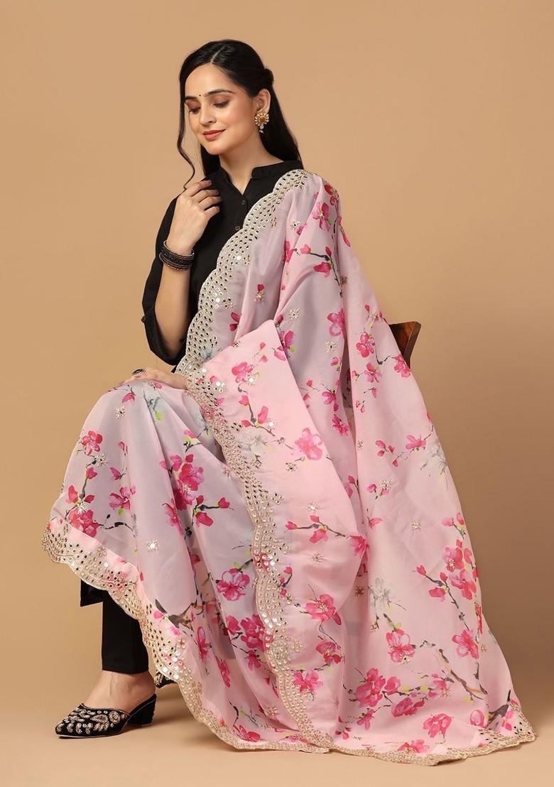 Floral Printed Sequin Embellished Organza Dupatta