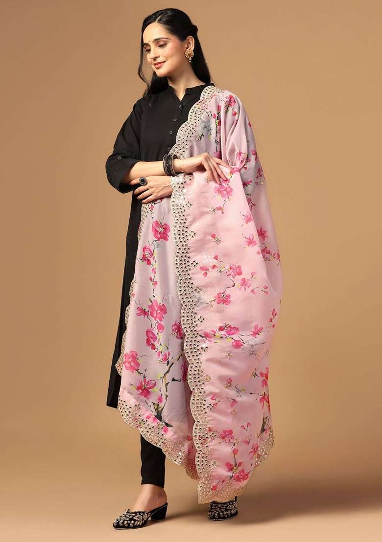 Floral Printed Sequin Embellished Organza Dupatta - Indya