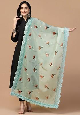 Floral Printed Thread Work Organza Dupatta