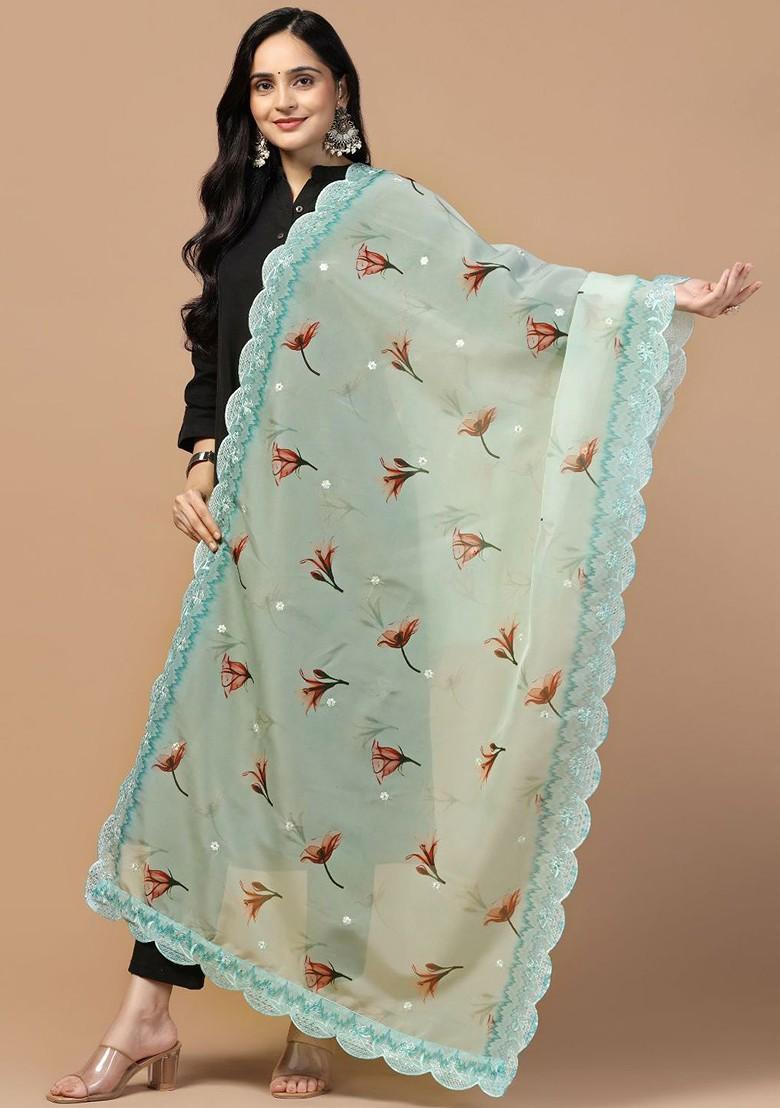 Floral Printed Thread Work Organza Dupatta