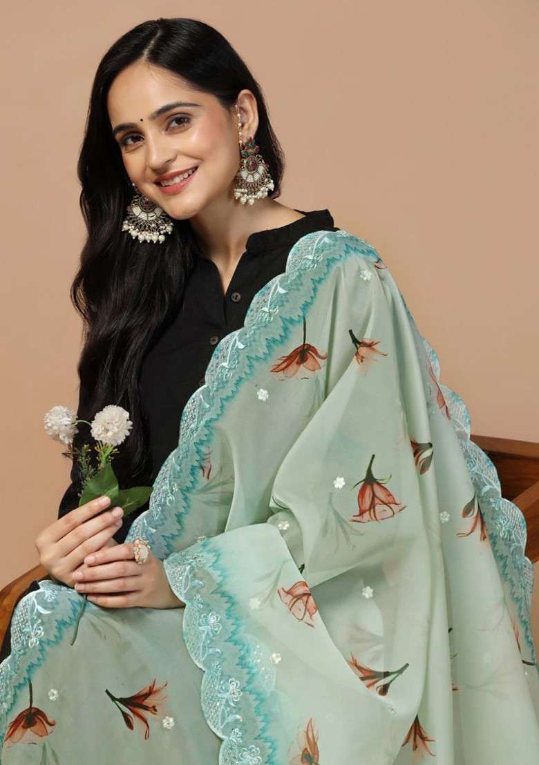 Floral Printed Thread Work Organza Dupatta - Indya