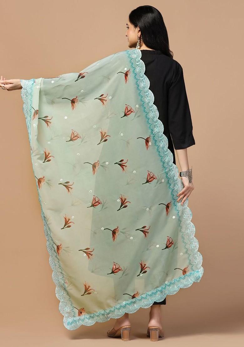 Floral Printed Thread Work Organza Dupatta