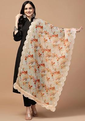 Floral Printed Sequin Embellished Organza Dupatta