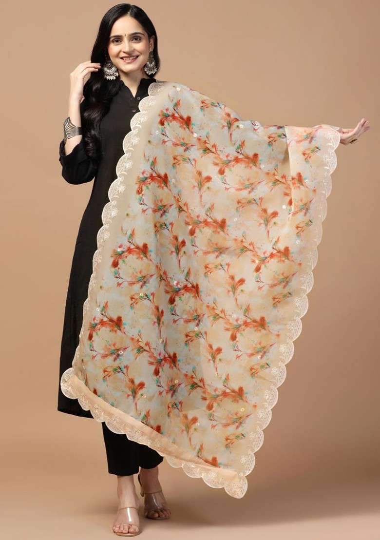 Floral Printed Sequin Embellished Organza Dupatta - Indya