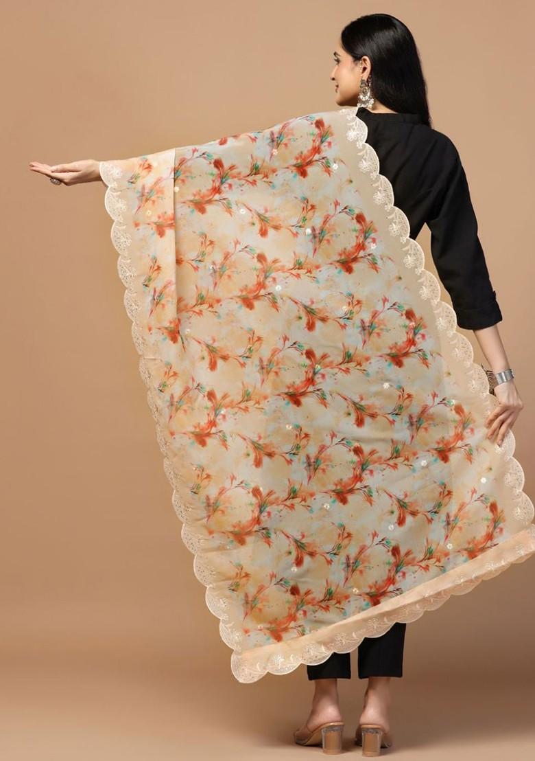 Floral Printed Sequin Embellished Organza Dupatta