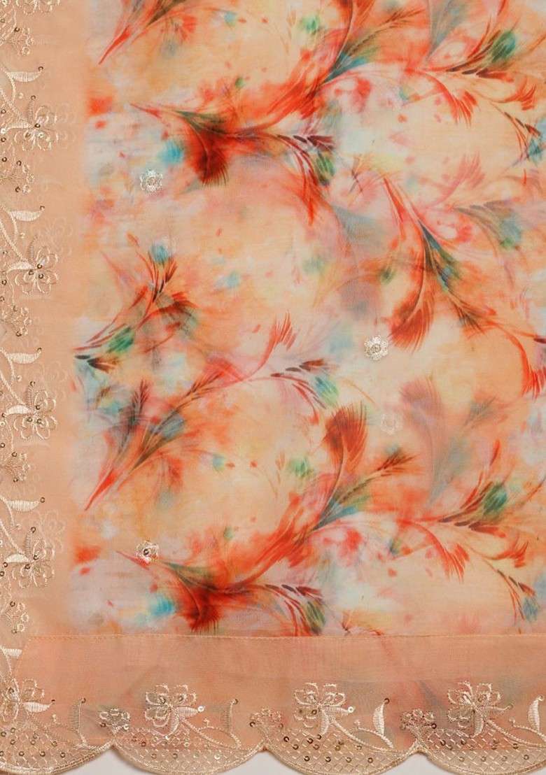 Floral Printed Sequin Embellished Organza Dupatta - Indya