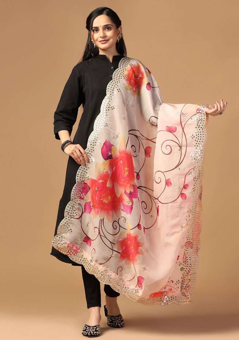 Floral Printed Sequin Embellished Organza Duppatta - Indya