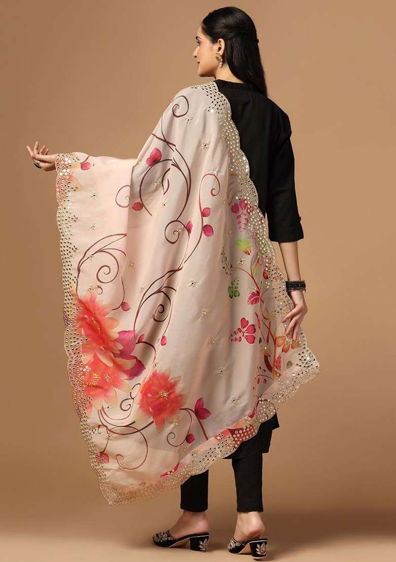 Floral Printed Sequin Embellished Organza Duppatta - Indya