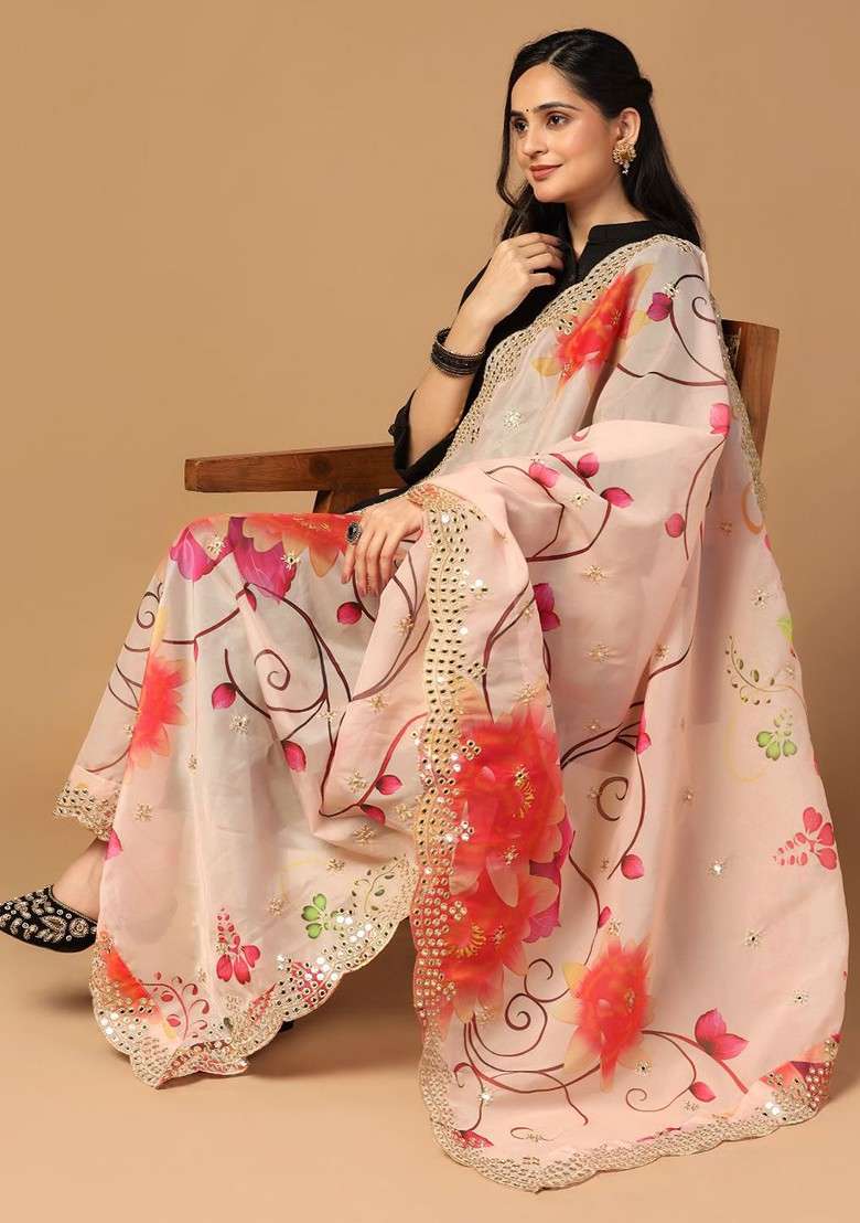 Floral Printed Sequin Embellished Organza Duppatta - Indya