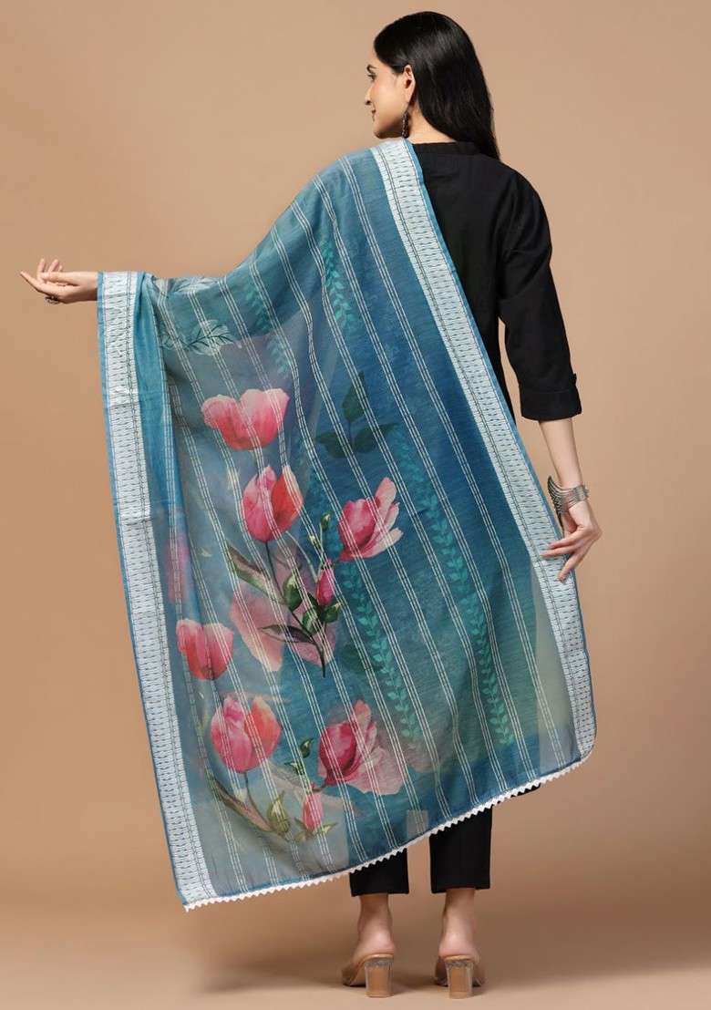 Floral Printed Chanderi Cotton Duppatta - Indya