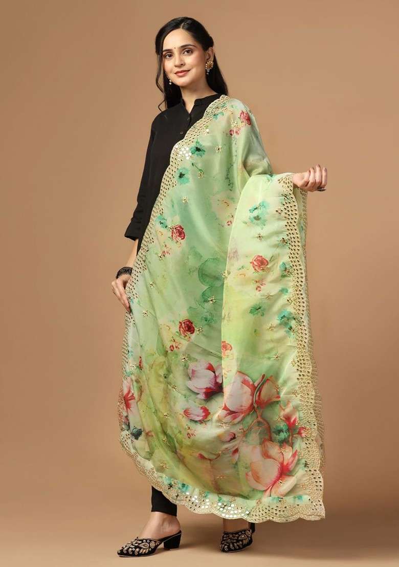 Floral Printed Organza Dupatta - Indya