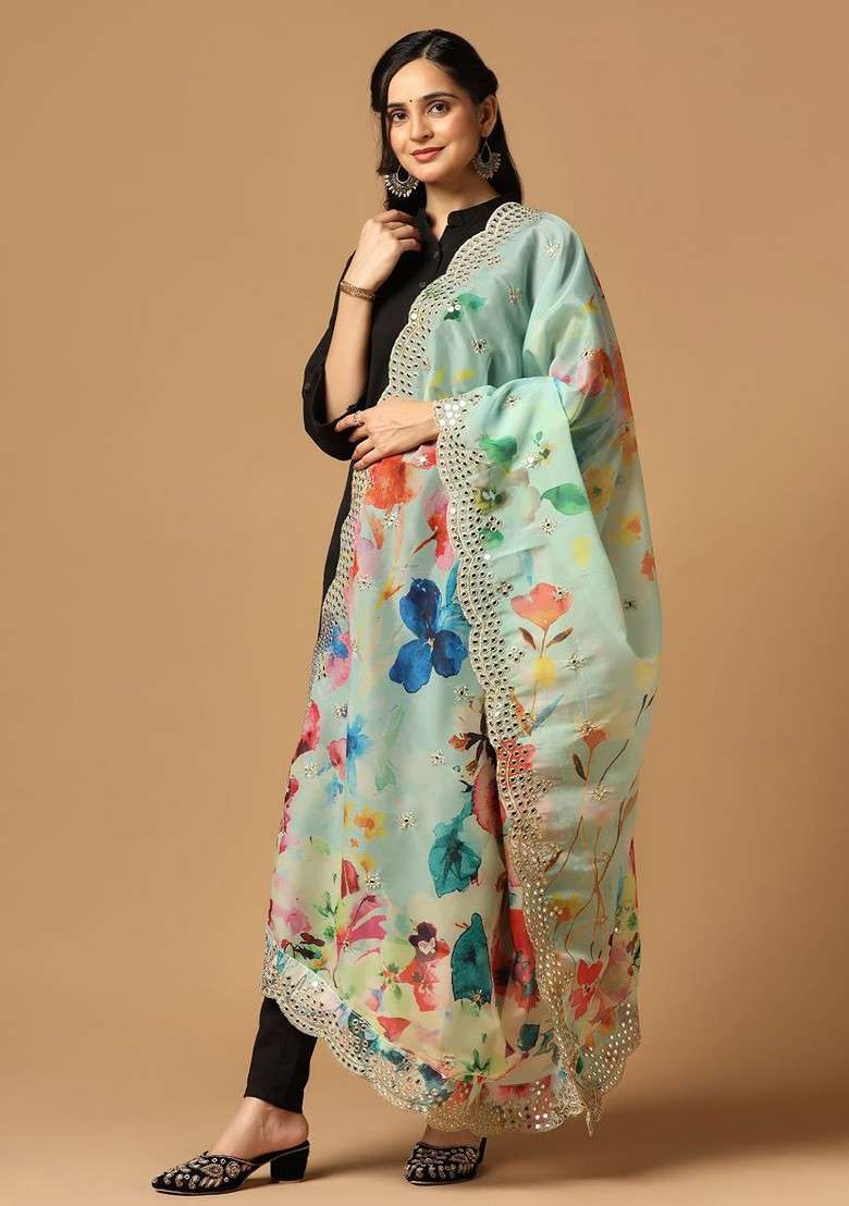 Floral Printed Organza Dupatta - Indya