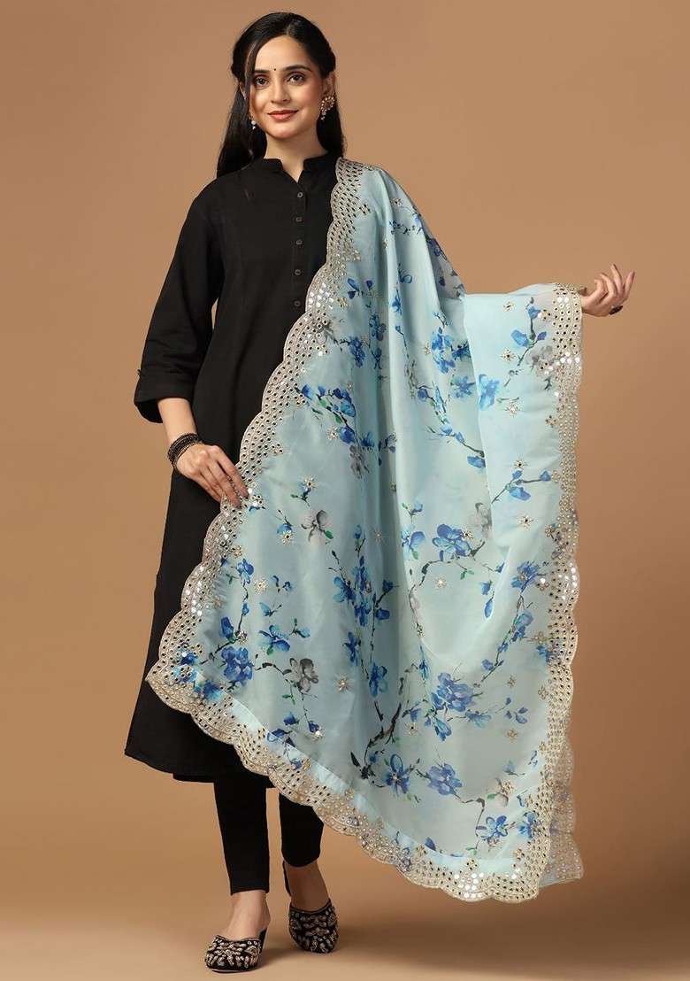 Printed Mirror Work Organza Dupatta - Indya