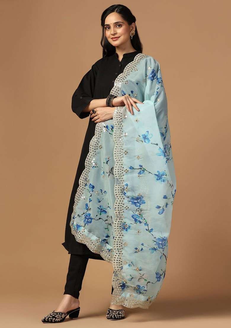 Printed Mirror Work Organza Dupatta - Indya