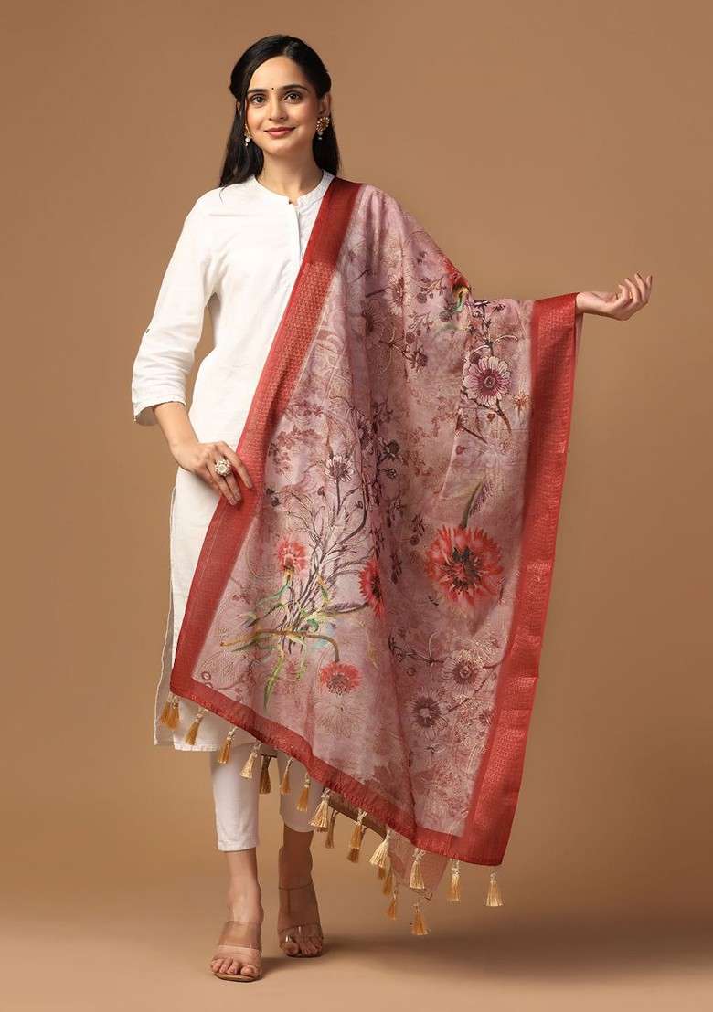 Floral Printed Chanderi Zari Dupatta - Indya