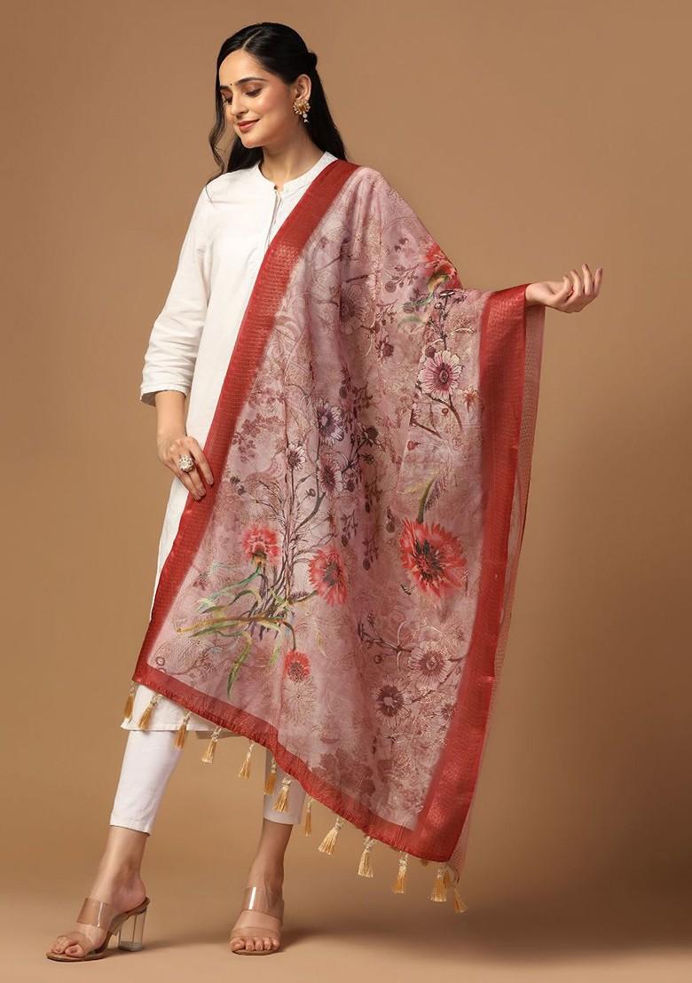 Floral Printed Chanderi Zari Dupatta