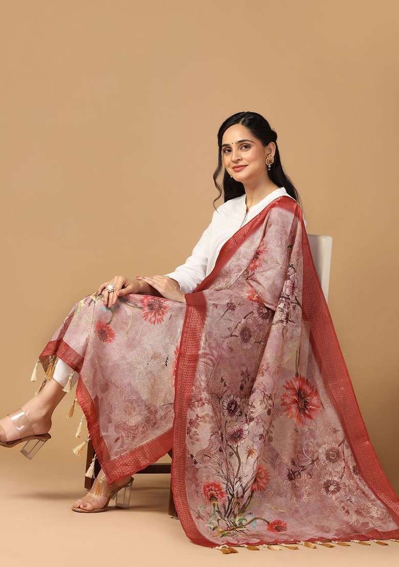 Floral Printed Chanderi Zari Dupatta - Indya