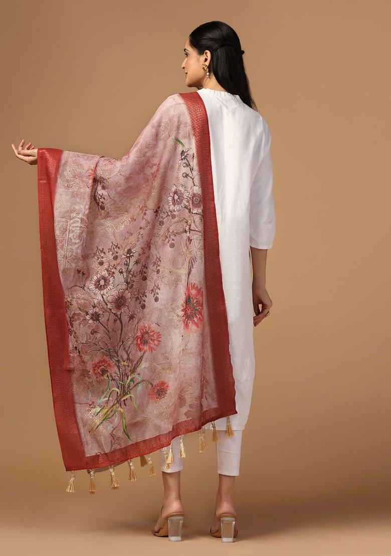 Floral Printed Chanderi Zari Dupatta