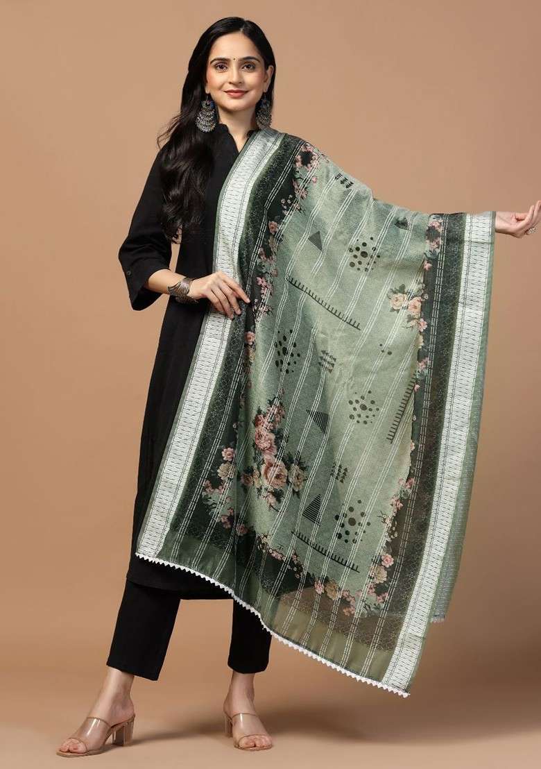 Floral Printed Chanderi Cotton Dupatta - Indya