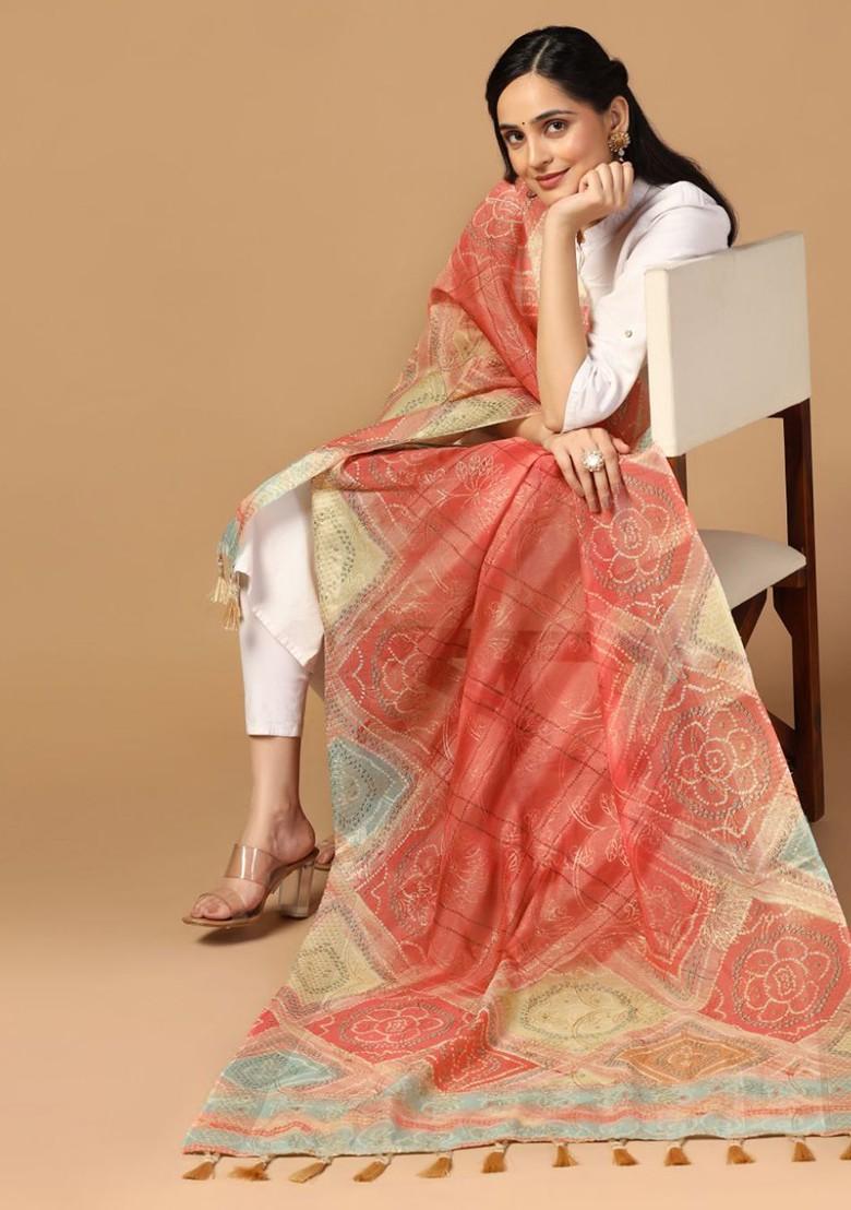 Ethnic Motifs Digital Printed Zari Chanderi Dupatta