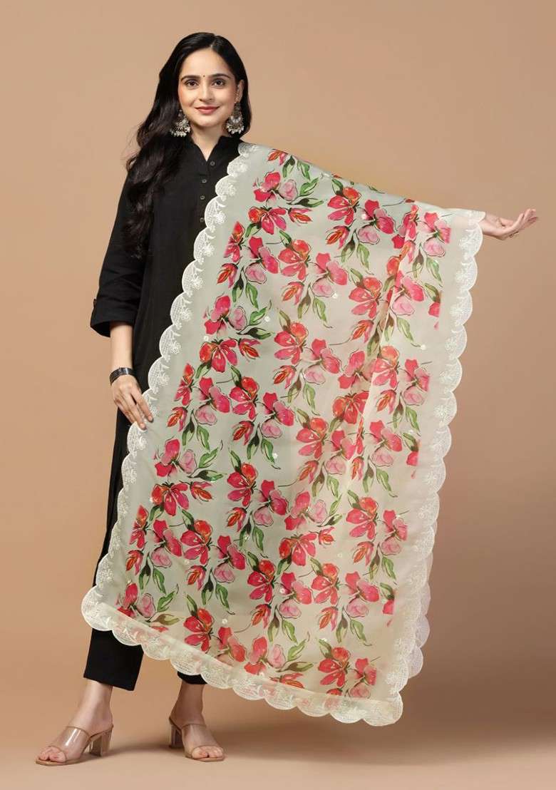 Floral Digital Printed Sequinned Organza Dupatta - Indya