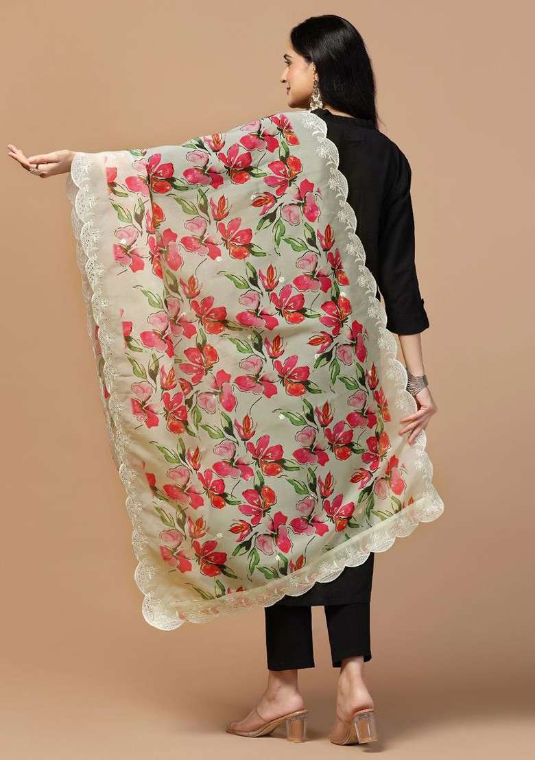 Floral Digital Printed Sequinned Organza Dupatta - Indya