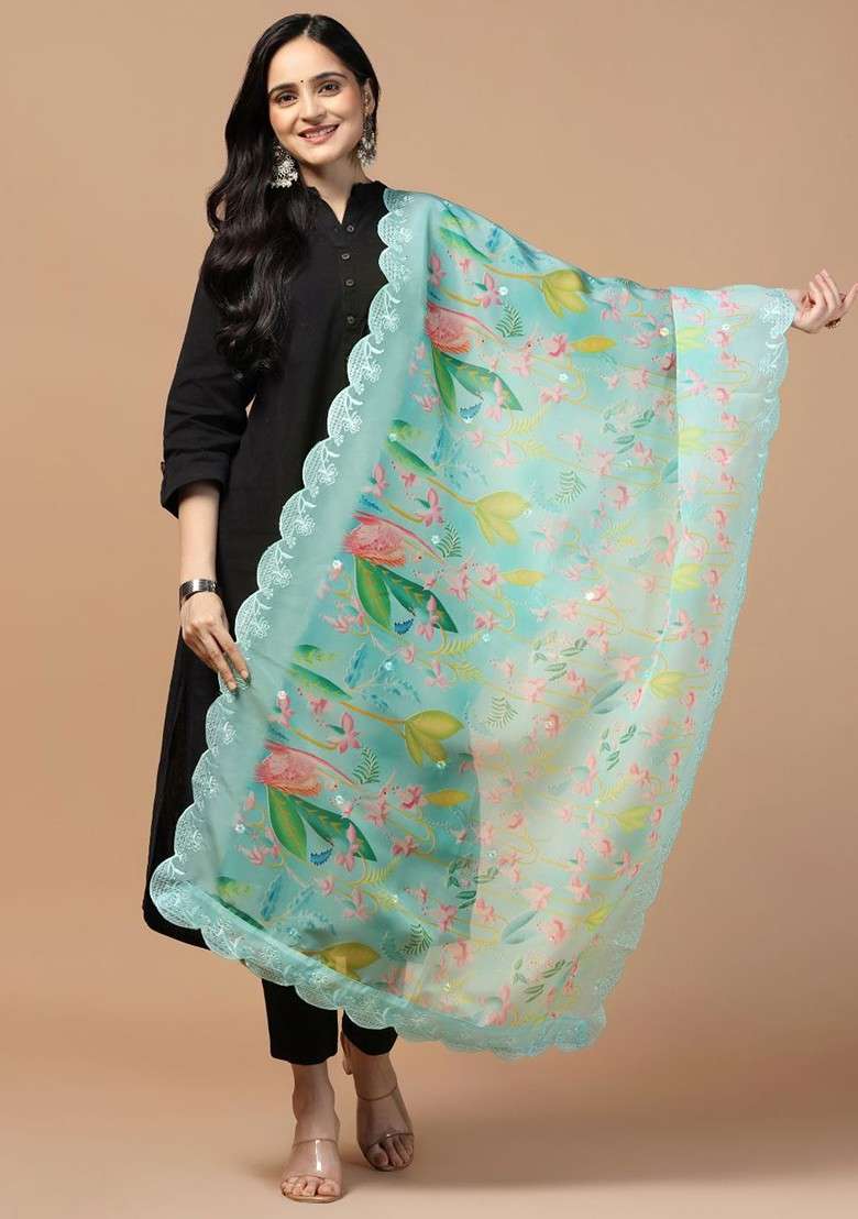 Floral Printed Embroidery Sequinned Organza Dupatta - Indya