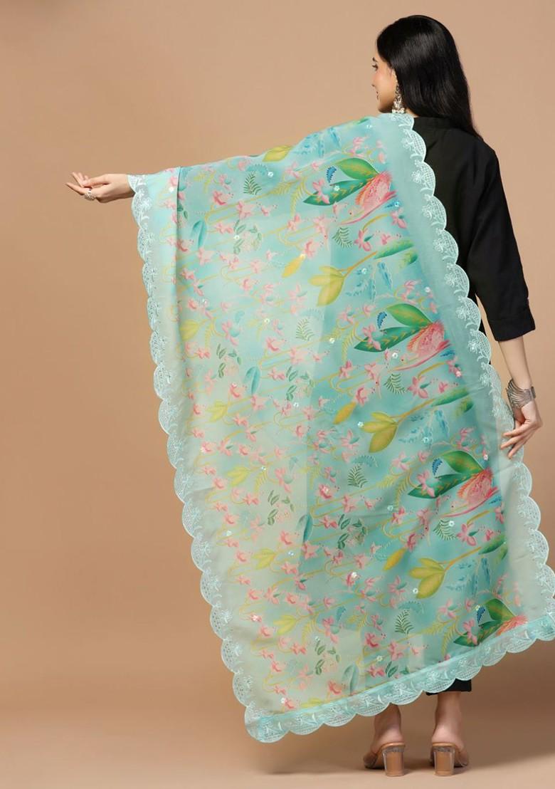Floral Printed Embroidery Sequinned Organza Dupatta