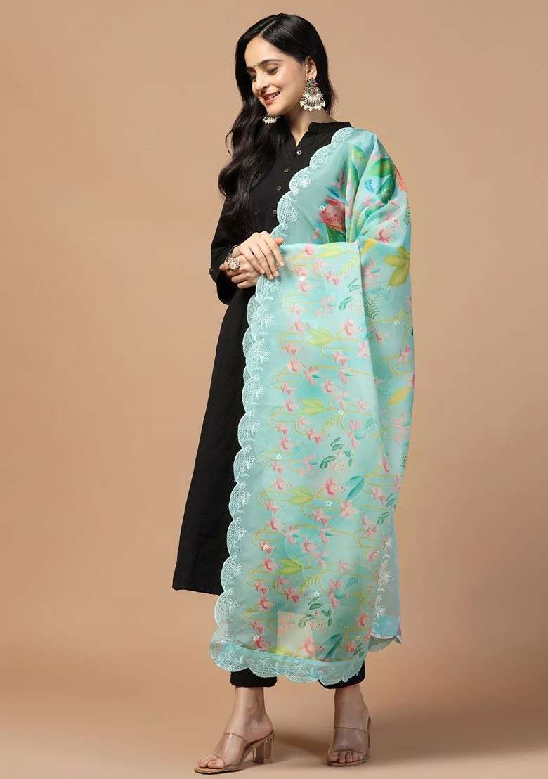Floral Printed Embroidery Sequinned Organza Dupatta - Indya