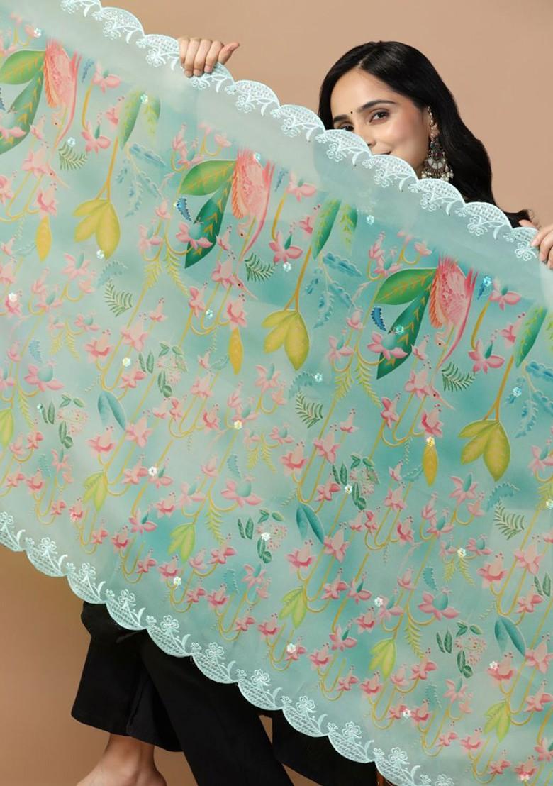 Floral Printed Embroidery Sequinned Organza Dupatta