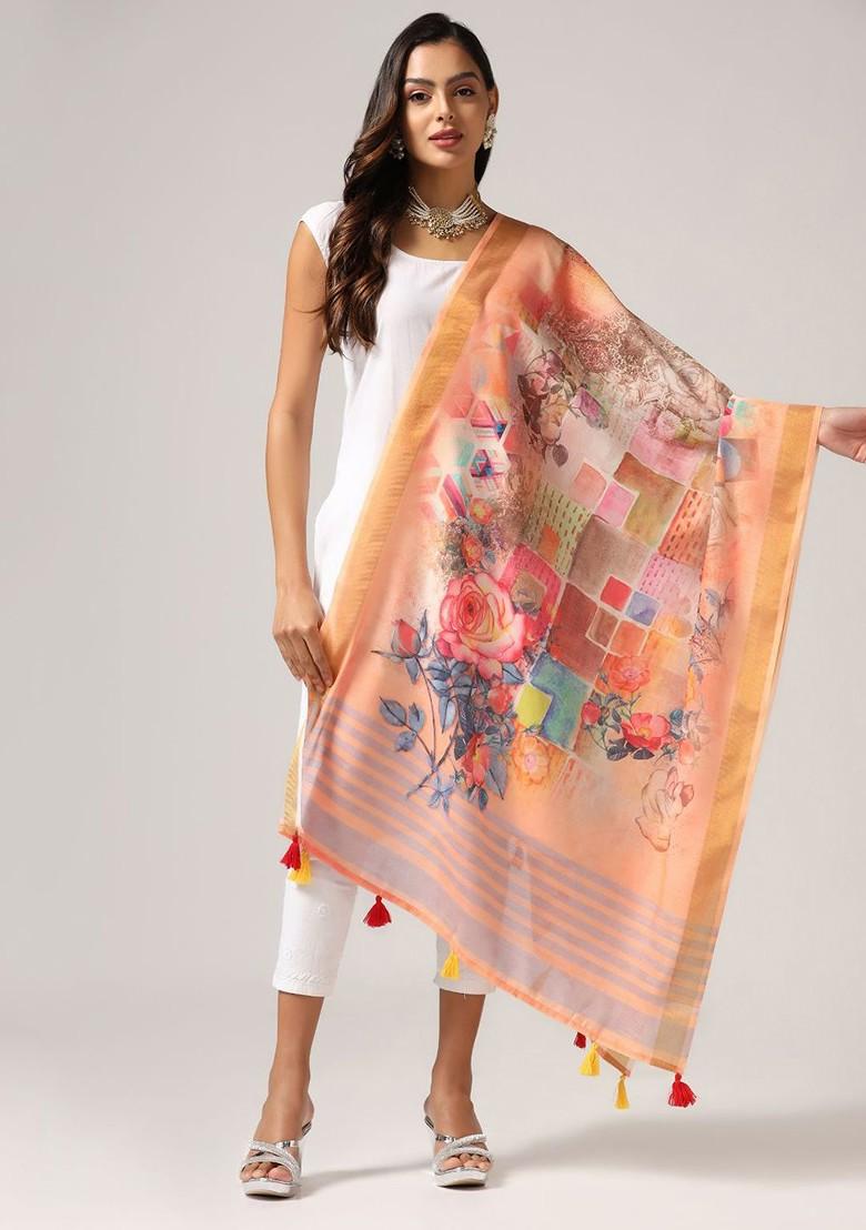 Floral Printed Zari Dupatta
