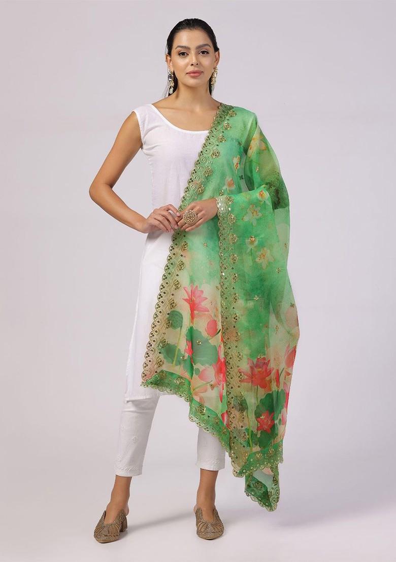 Floral Printed Sequinned Organza Dupatta