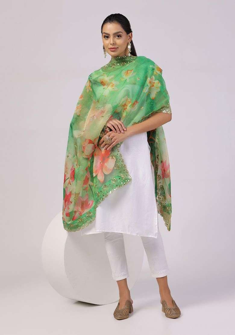 Floral Printed Sequinned Organza Dupatta - Indya