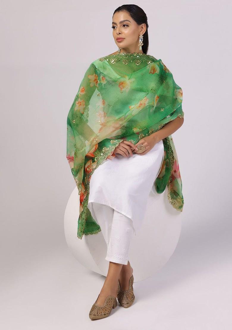 Floral Printed Sequinned Organza Dupatta