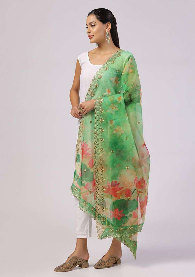 Floral Printed Sequinned Organza Dupatta - Indya