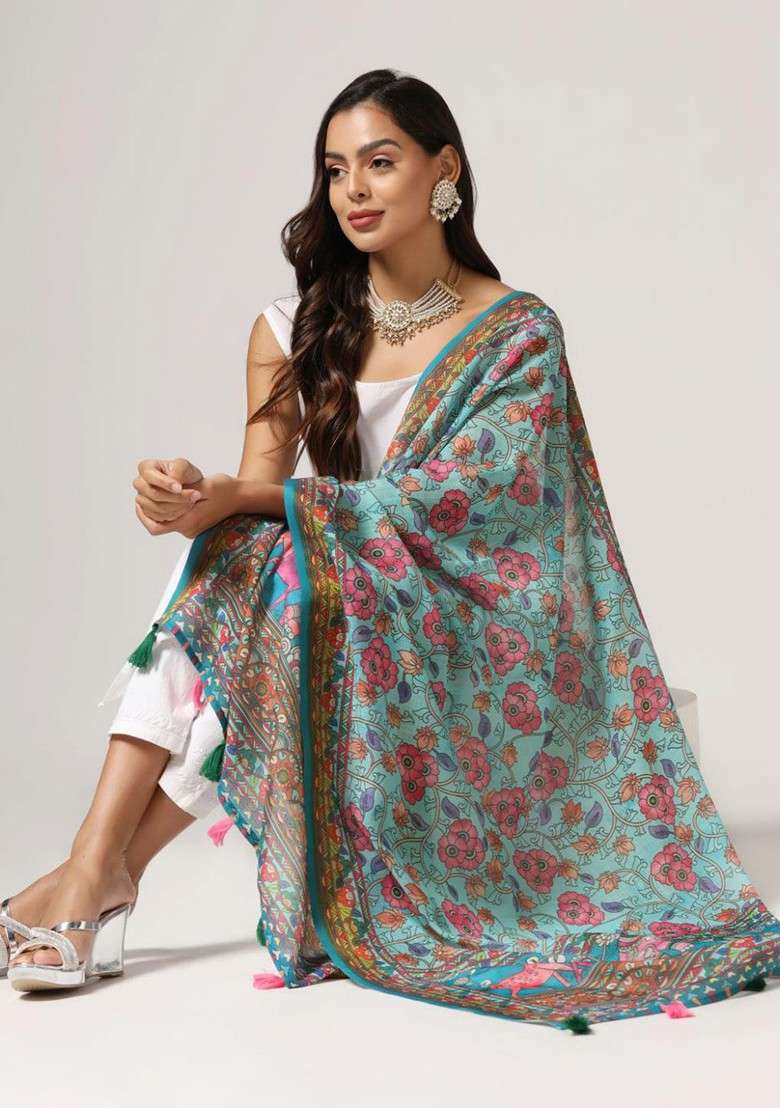 Ethnic Motifs Printed Linen Zari Dupatta - Indya
