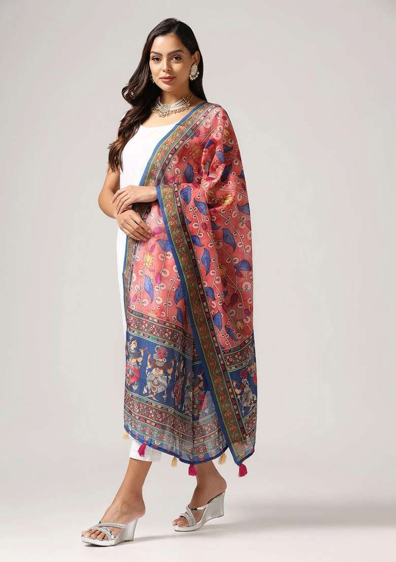 Ethnic Motifs Printed Linen Zari Dupatta - Indya