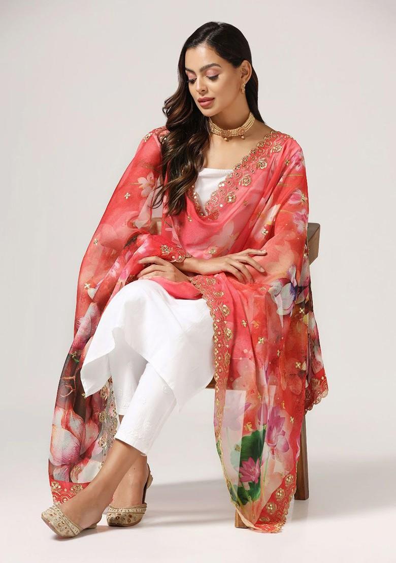 Floral Digital Printed Organza Dupatta With Sequinned