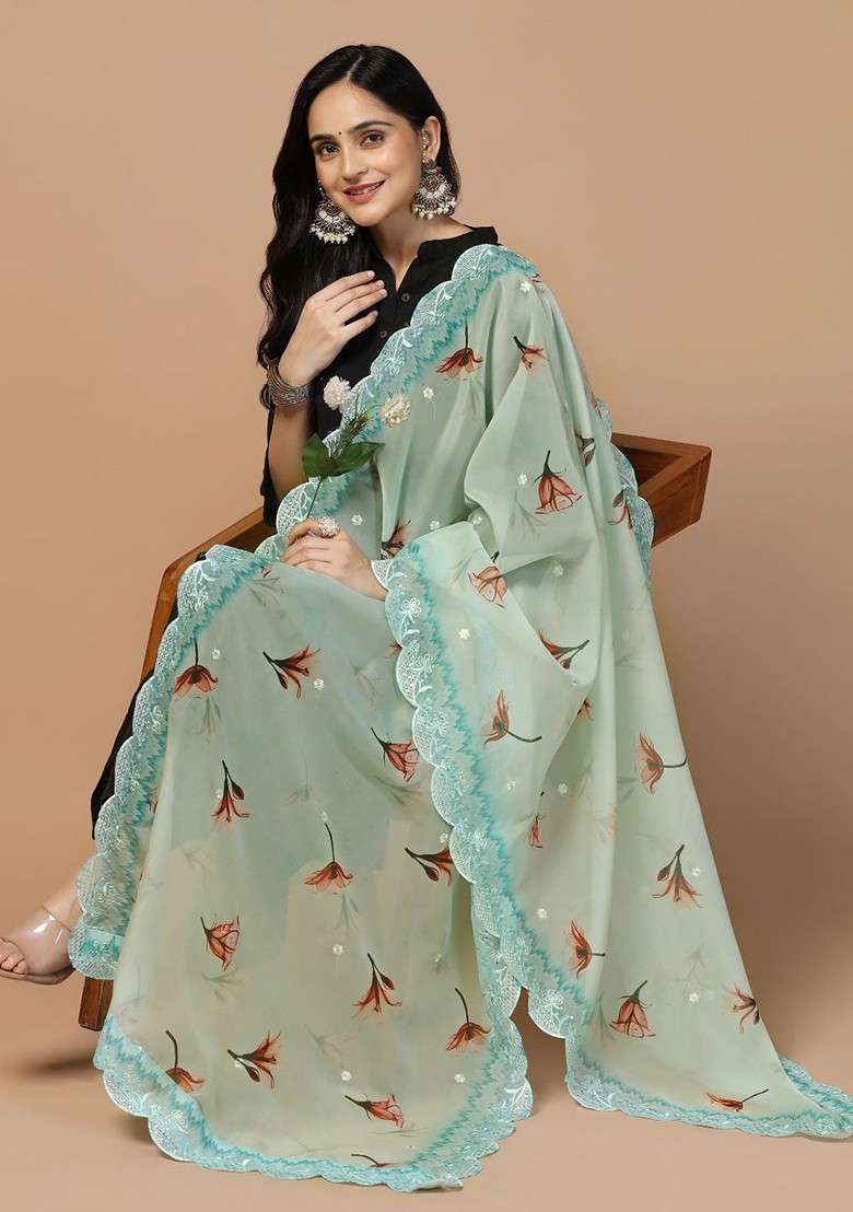 Printed Organza Dupatta With Sequinned - Indya