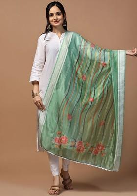 Floral Printed Sequinned Organza Dupatta