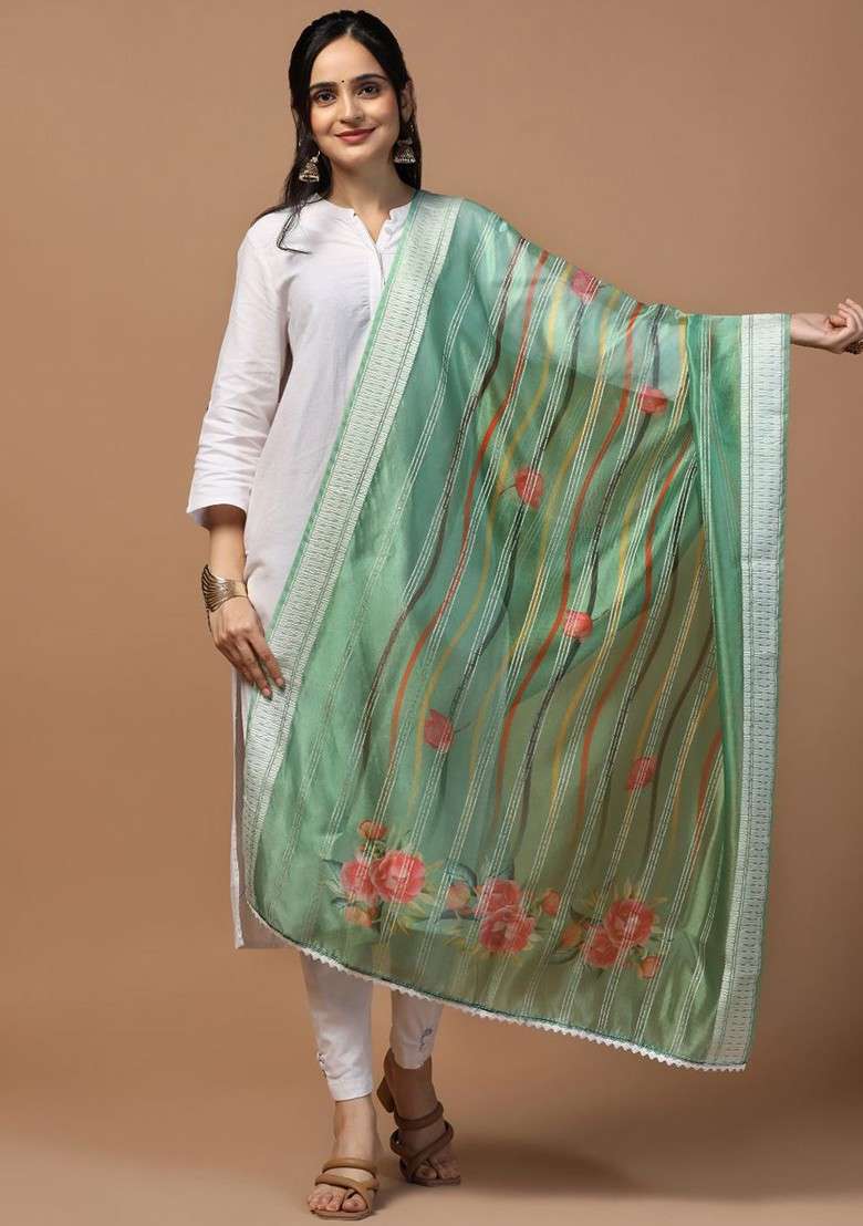 Floral Printed Sequinned Organza Dupatta - Indya
